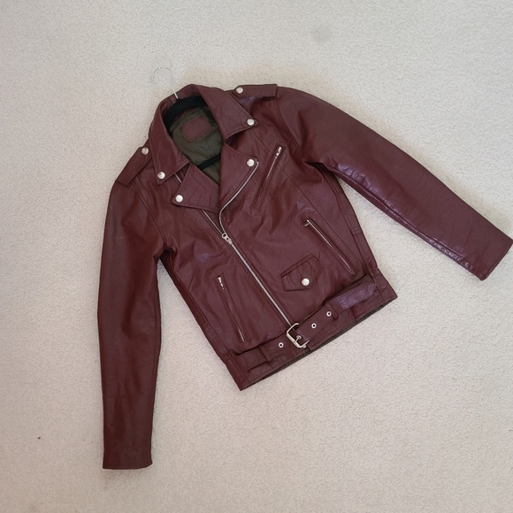 Burgundy Leather Moto Jacket - Picture 2 of 6